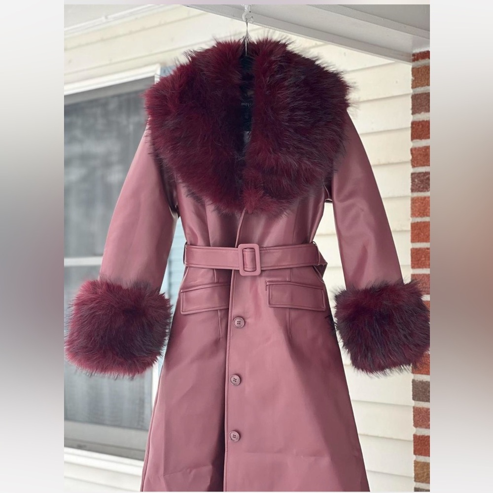 Nasty Gal Burgundy Trench Coat with Luxurious Fur Trim